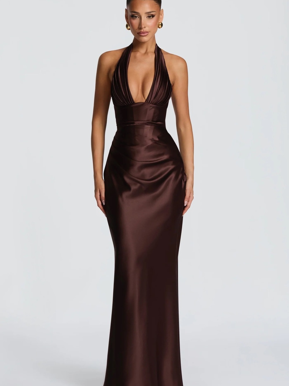 BabyBoo Fashion Elowen Satin Halter Evening Gown in Plum Brown